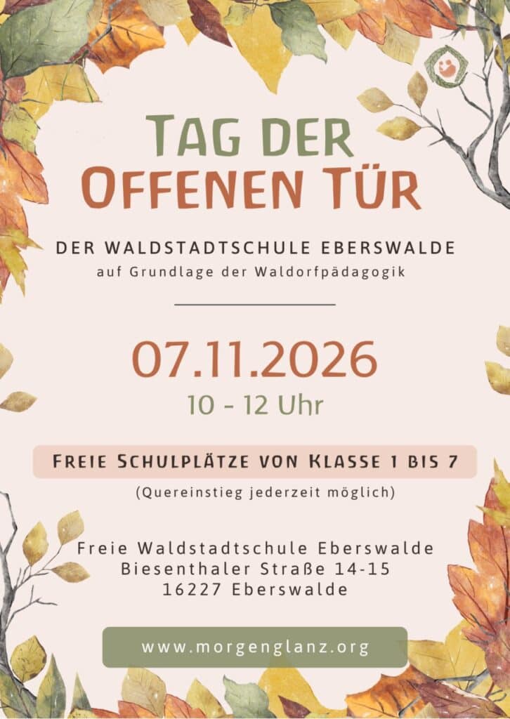Flyer zum Tag der offenen Tür der Freien Waldstadtschule Eberswalde am 7. November 2026 von 10 bis 12 Uhr